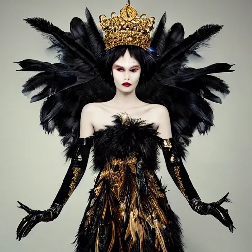 Image similar to a hyperrealistic high fashion portrait of a fierce proud queen of ravens, in a black dress with a collar made of iridescent feathers and golden adornments, photorealistic, intricate details, by zhang jingna and soey milk and amir ershadi and anja millen