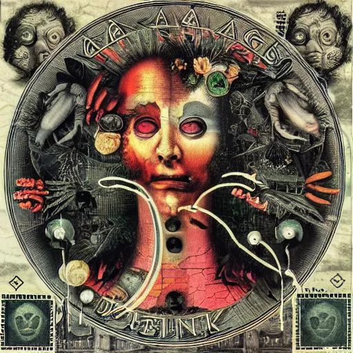 Image similar to post - punk new age album cover, asymmetrical design, dollar bank notes, capitalism, magic, apocalypse, psychedelic, black white pink, magic, giger h. r., giuseppe arcimboldo