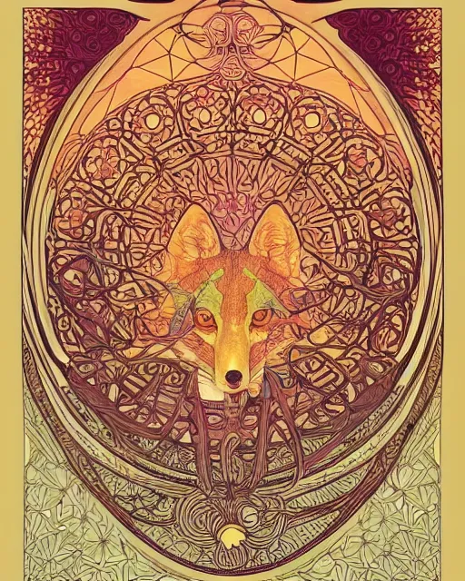 Prompt: fox carving art, cell shading, voronoi,fibonacci sequence, sacred geometry by Alphonse Mucha, Moebius, hiroshi yoshida, Art Nouveau, colorful, ultradetailed, 3d