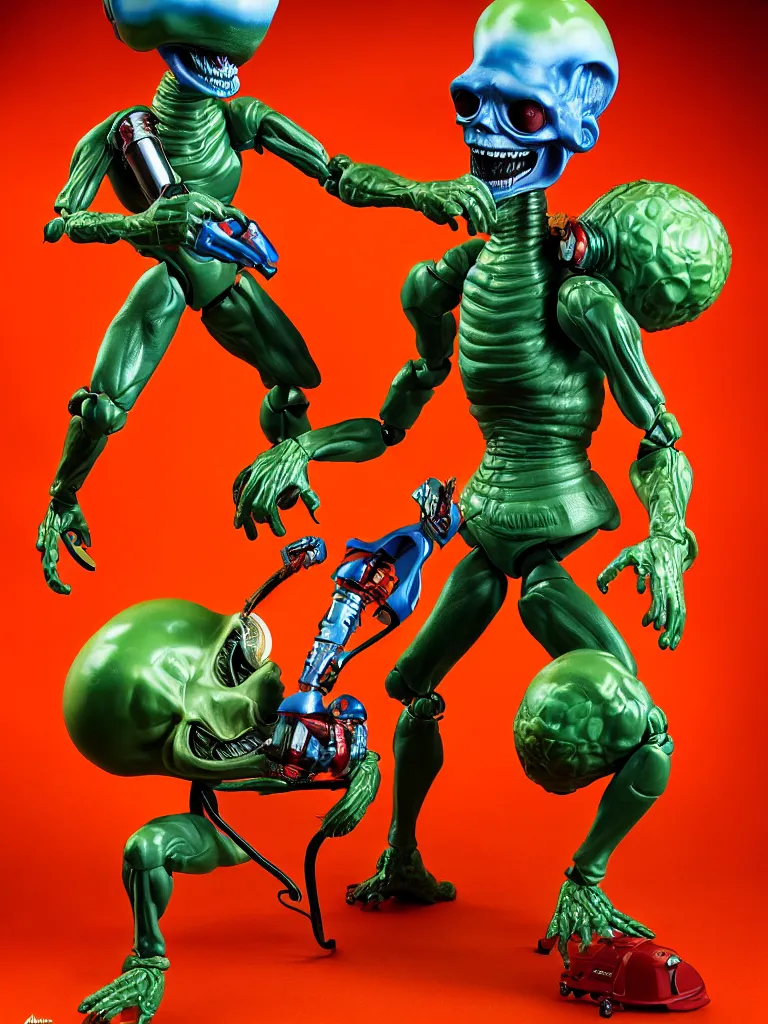 Image similar to hyperrealistic rendering, mars attacks martian by art of skinner and richard corben and jeff easley, product photography, action figure, sofubi, studio lighting, colored gels, rimlight, backlight