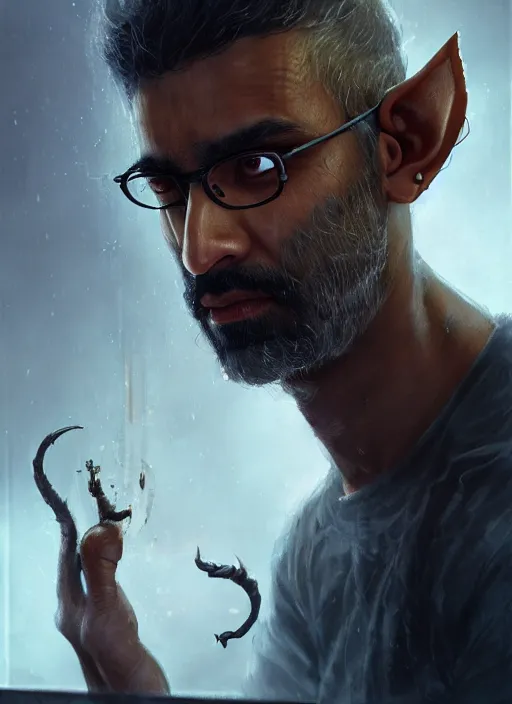 Image similar to Portrait of Indian Scruffy haired male biopunk scientist with elven ears, He is working on trinkets on a table, realistic, detailed, 4k by Greg Rutkowski Mark Arian trending on artstation