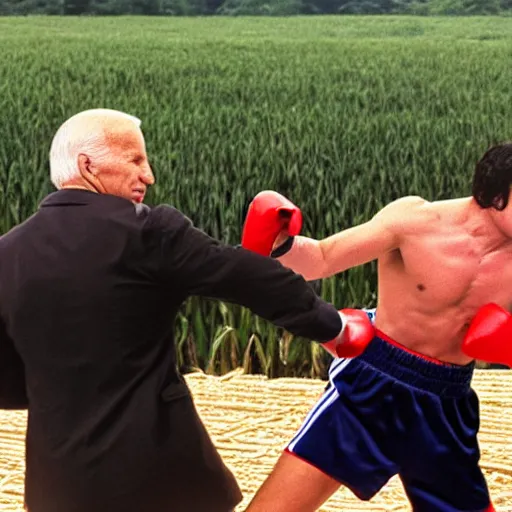 Image similar to rocky balboa punching joe biden in the middle of a corn maze