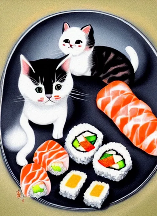 Image similar to clear photorealistic picture of adorable cats made out of sushi