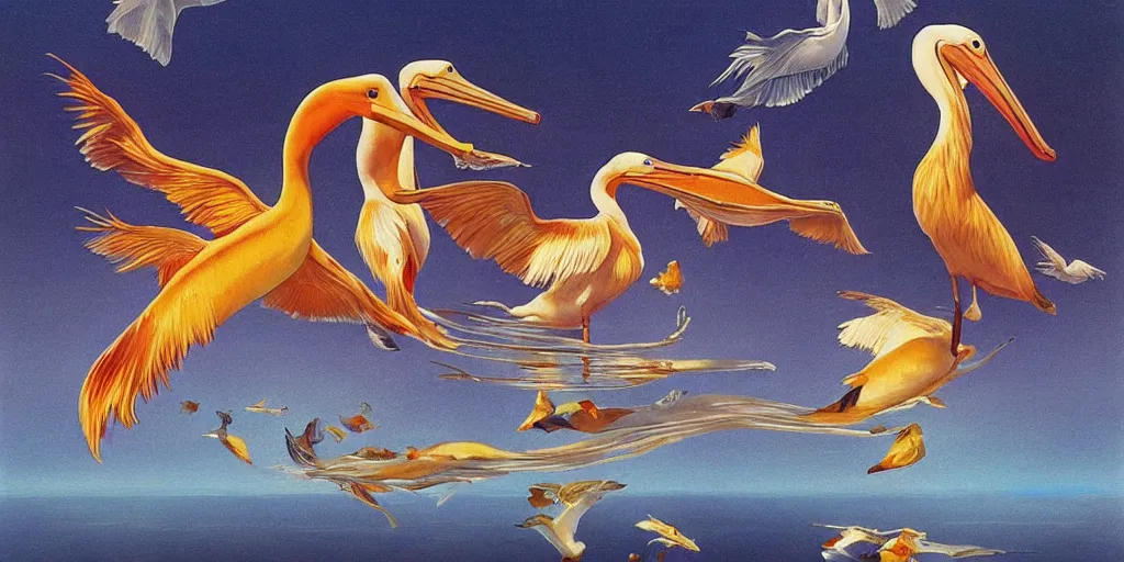 Image similar to floating goldfish, pelicans and a human couple in an alien landscape by salvador dali and gerald brom, hyper realistic