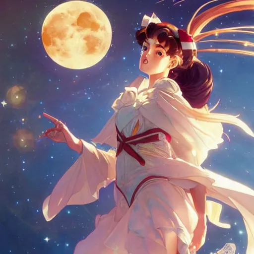 Image similar to Sailor Moon jumping accross the Moon, nature unity, planets align, clear sky high detail, upscale, art by artgerm and greg rutkowski and alphonse mucha