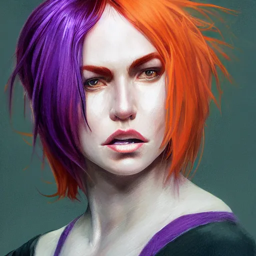 Image similar to full figure ultra realistic illustration, extremely tall female wrestler with orange hair with bangs wearing a purple costume, intricate, elegant, highly detailed, digital painting, artstation, concept art, smooth, sharp focus, illustration, art by artgerm and greg rutkowski and alphonse mucha