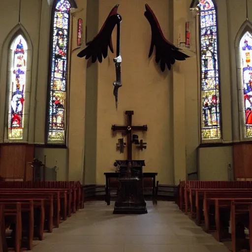 Prompt: satanic demonic creature on a church altar, realistic, horror, evil