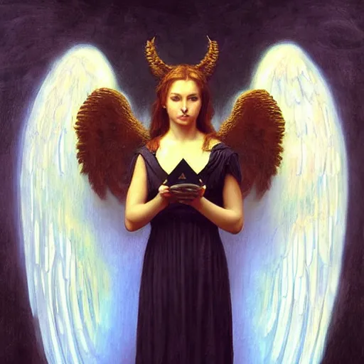 Image similar to angel standing in the front of gates of hell. angel is holdind large 6 of spades card. digital painting. art station. mood lighting. skindness, highly detailed, concept art, intricate, sharp focus, einar jonsson and bouguereau - h 1 2 0 0