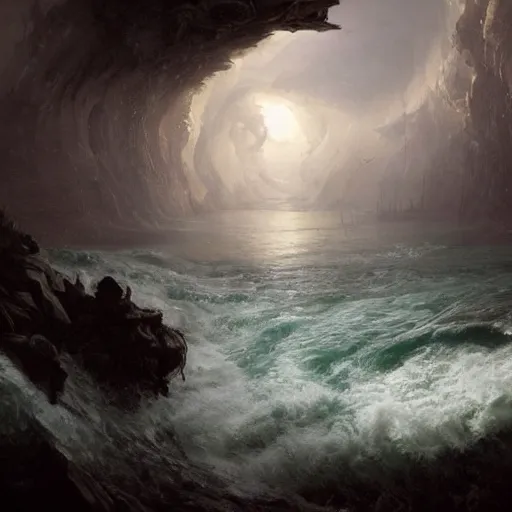 Prompt: an eerie whirlpool, seen from above, in a cavematte painting, fantasy art, by greg rutkowski, by andreas achenbach,