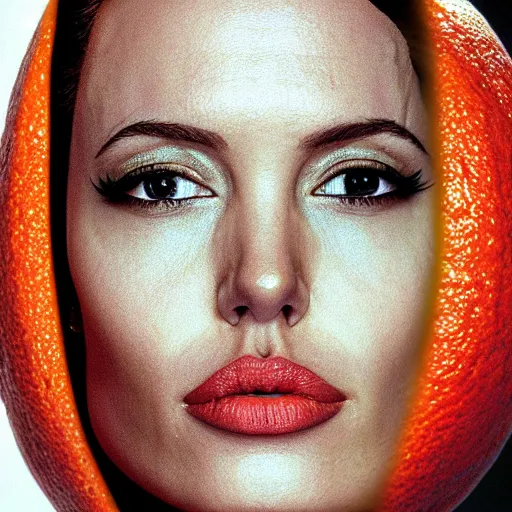 Image similar to an orange with the face of angelina jolie