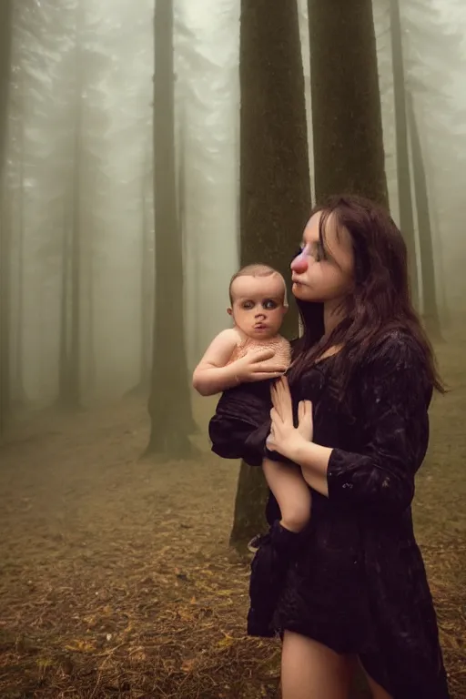 Image similar to a cinematic photo of a young woman with dark hair holds a baby in a dark, foggy forest, closeup, masterpiece