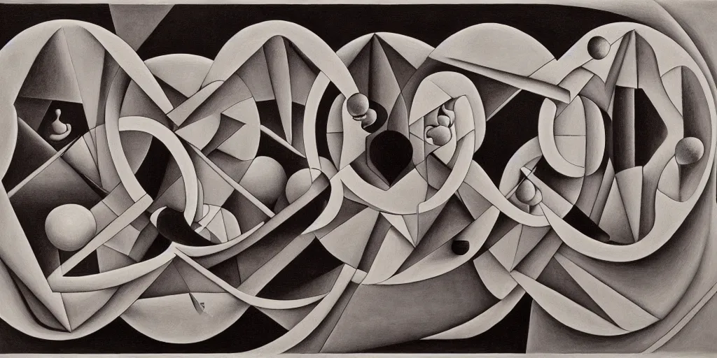 Image similar to the three fates, abstract oil painting by MC Escher