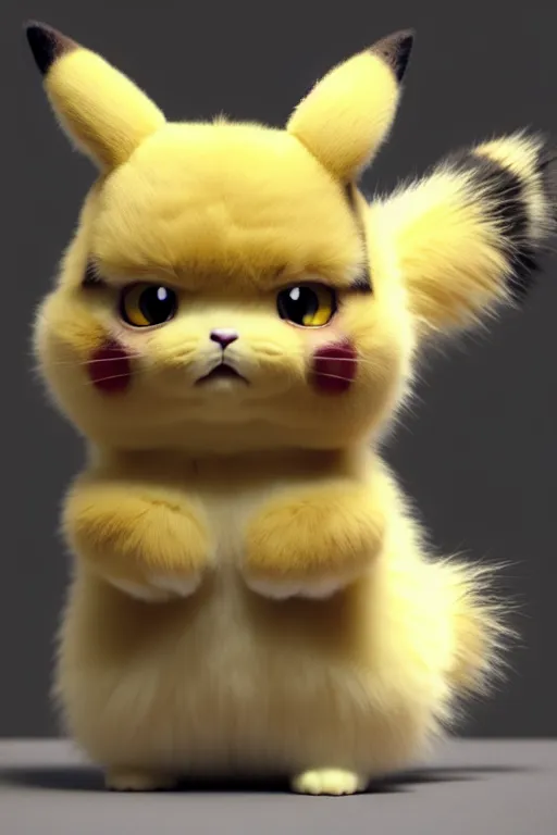 Image similar to high quality 3 d render hyperrealist very cute muted color fluffy! pikachu cat hybrid highly detailed, vray smooth, in the style of detective pikachu, hannah yata charlie immer, soft indoor light, low angle, uhd 8 k, sharp focus