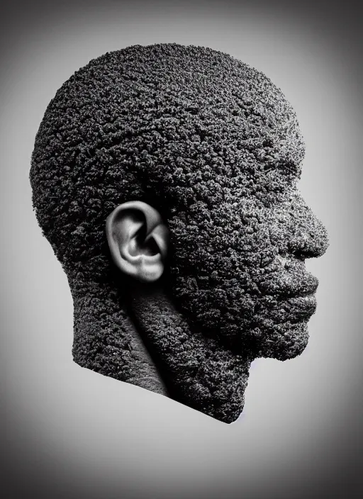 Image similar to a black man's face in profile, made of coxinha, in the style of the Dutch masters and Gregory Crewdson, dark and moody
