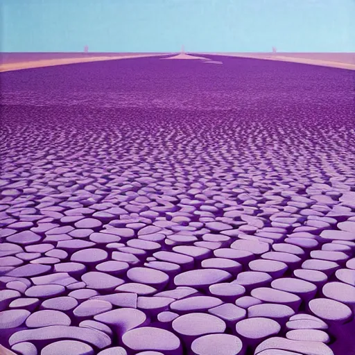 Image similar to a thousand beds on the beach by Storm Thorgerson, purple color scheme