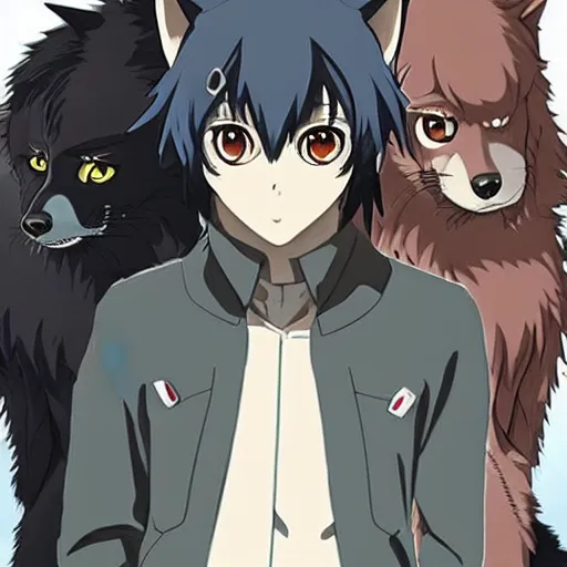 Image similar to key anime visual portrait of an anthropomorphic anthro wolf fursona, in a jacket, with handsome eyes, official modern anime art