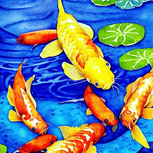 Prompt: watercolor art on paper, beautiful koi fish pond, highly detailed, artstation, masterpiece, award - winning