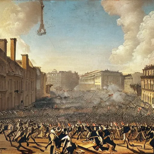 Prompt: france during the french revolution, crowds in the streets, fighting, daytime, extremely detailed, cinematic, aerial view by gilles beloeil