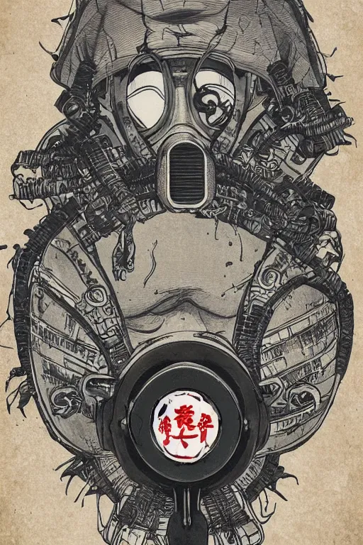 Image similar to Gas mask in Ukiyo-e style, haunting + insanely detailed and intricate, movie poster style, Trending on artstation, artstationHD, artstationHQ, 4k, 8k