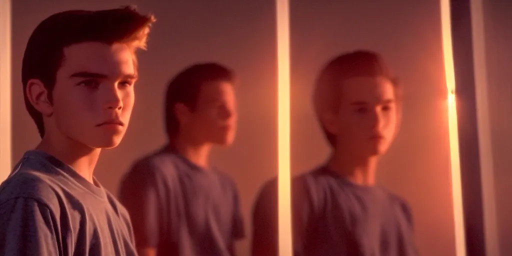 Prompt: the sunset's light beams through a window, tommy 1 6 years old, clasps his bangs in one hand, a pencil in the other. he thinks, action pose, medium close up shot, depth of field, sharp focus, waist up, movie scene, anamorphic, costume art direction style from the movie the outsiders