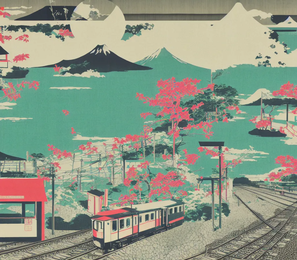 Prompt: seaside landscape train rural japan, a collage painting, in the style of wes anderson, lola dupre, david hockney, isolated on negative white space background dark monochrome fluorescent neon spraypaint accents volumetric octane render