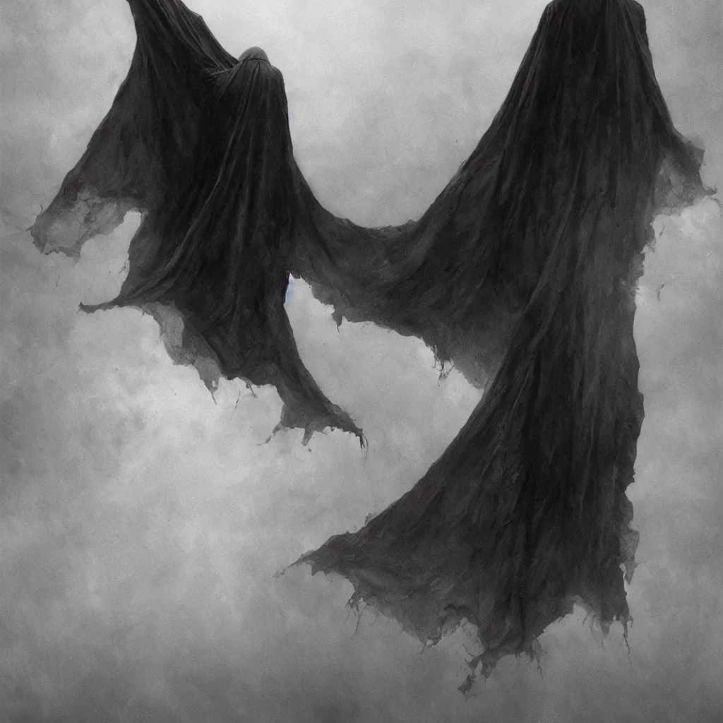 Prompt: photograph. film still. dementor. draped in dark sheet. dark colors. menacing. haunting. frightening. trending on artstation. award winning. artgem. greg rutkowski. beksinski. extremely detailed. 4 k.