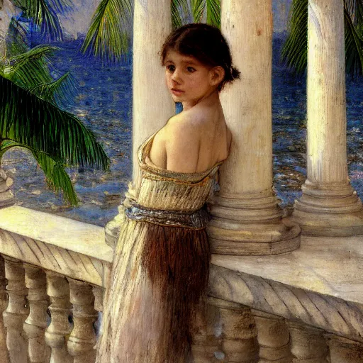 Image similar to a ultradetailed beautiful painting of a girl in the amazonas palace balustrade designed by jules bastien - lepage, hans belmer, frank weston and gustave baumann, beach, trending on artstation, mediterranean, palm trees, refracted color sparkles, sharp focus, soft light, 8 k 4 k