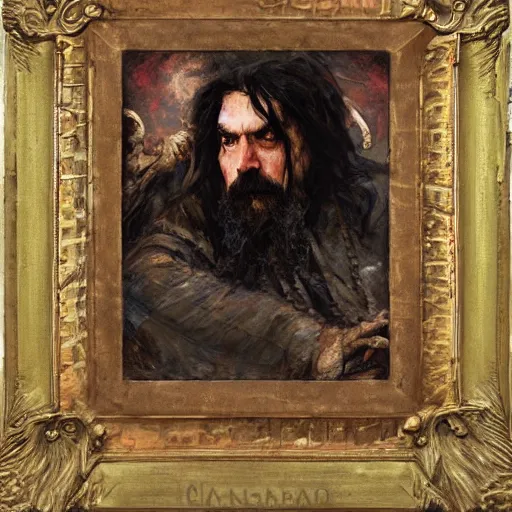 Image similar to Solomon Joseph Solomon and Richard Schmid and Jeremy Lipking victorian genre painting portrait painting of a old rugged dragon wizard huge dragon from the hobbit , red background