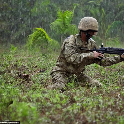 Image similar to military kangaroo firing a machine gun from a dense jungle in rain, marshy land