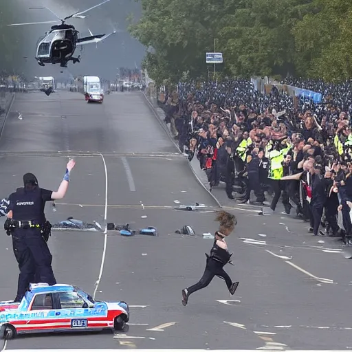 Prompt: helicopters and explosions in the background, police chasing Boris Johnson running from the police!dream helicopters and explosions in the background, police chasing Boris Johnson running from the police