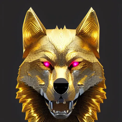 Image similar to chrome and gold wolf, glossy, metallic, neon, symmetrical, tribal patterns, realistic, unreal engine, octane, redshift, artstation, behance