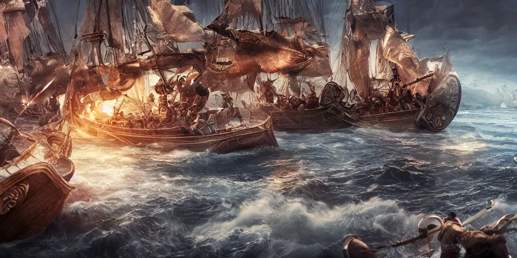 Image similar to An Epic viking sea battle, realistic 4k octane beautifully detailed render, 4k post-processing, highly detailed, intricate complexity, epic composition, magical atmosphere, cinematic lighting, masterpiece, ultra hd