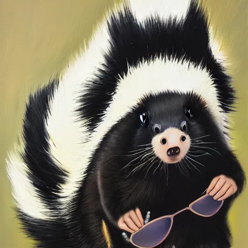 Prompt: skunk with shades walking from an explosion, front view, professional oil painting, highly detailed