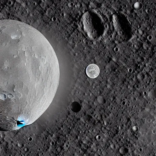Image similar to a detailed image of a future lunar base, with a human settlement nestled among the craters and craggy surface of the moon.