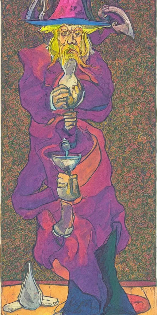 Image similar to a mystical man with a goblet on the table, wizard hat, psychedelic