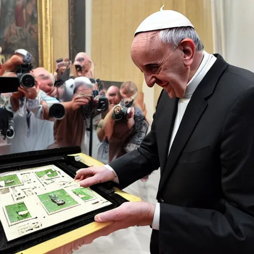 Prompt: Pope Francis unbox a new RTX Nvidia graphic card