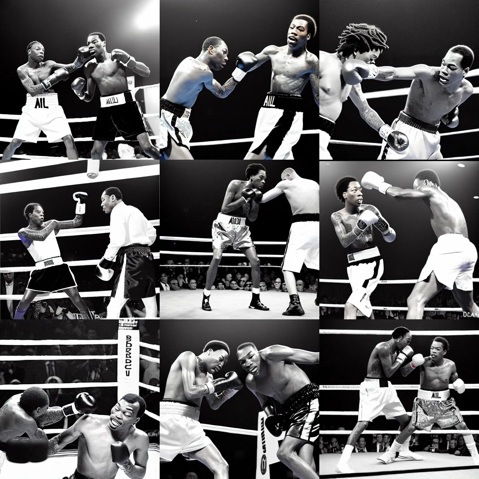 Prompt: wiz khalifa as mohammad ali knocking down frazier, photograph