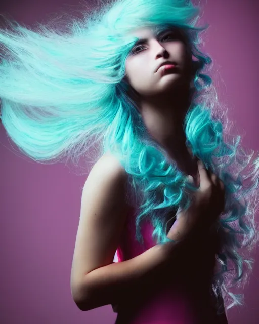 Image similar to a dramatic lighting photo of a beautiful young woman with cotton candy hair. blood splashes with a little bit of cyan and pink