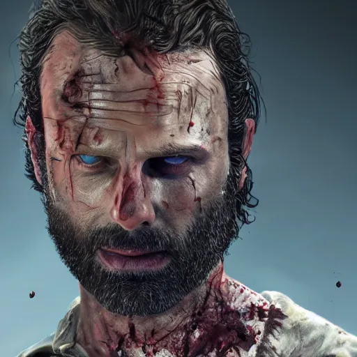 Image similar to rick grimes, the walking dead, zombiefied, head and shoulders shot, medieval, vivid colors, sharp focus, digital art, Hyper-realistic, 4K, Unreal Engine, Highly Detailed, HD, Dramatic Lighting by Brom, trending on Artstation