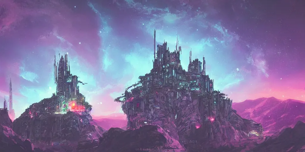 Prompt: stone castle in the style of cyberpunk and a glow ontop of a mountain, space sky, anime illustration,