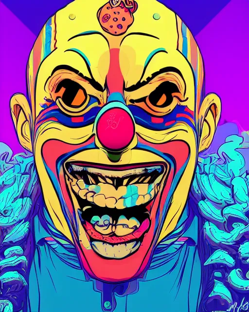 Prompt: a portrait of a clown, video game vector cutout illustration vivid multicolor borderlands comics by josan gonzales and dan mumford radiating a glowing aura