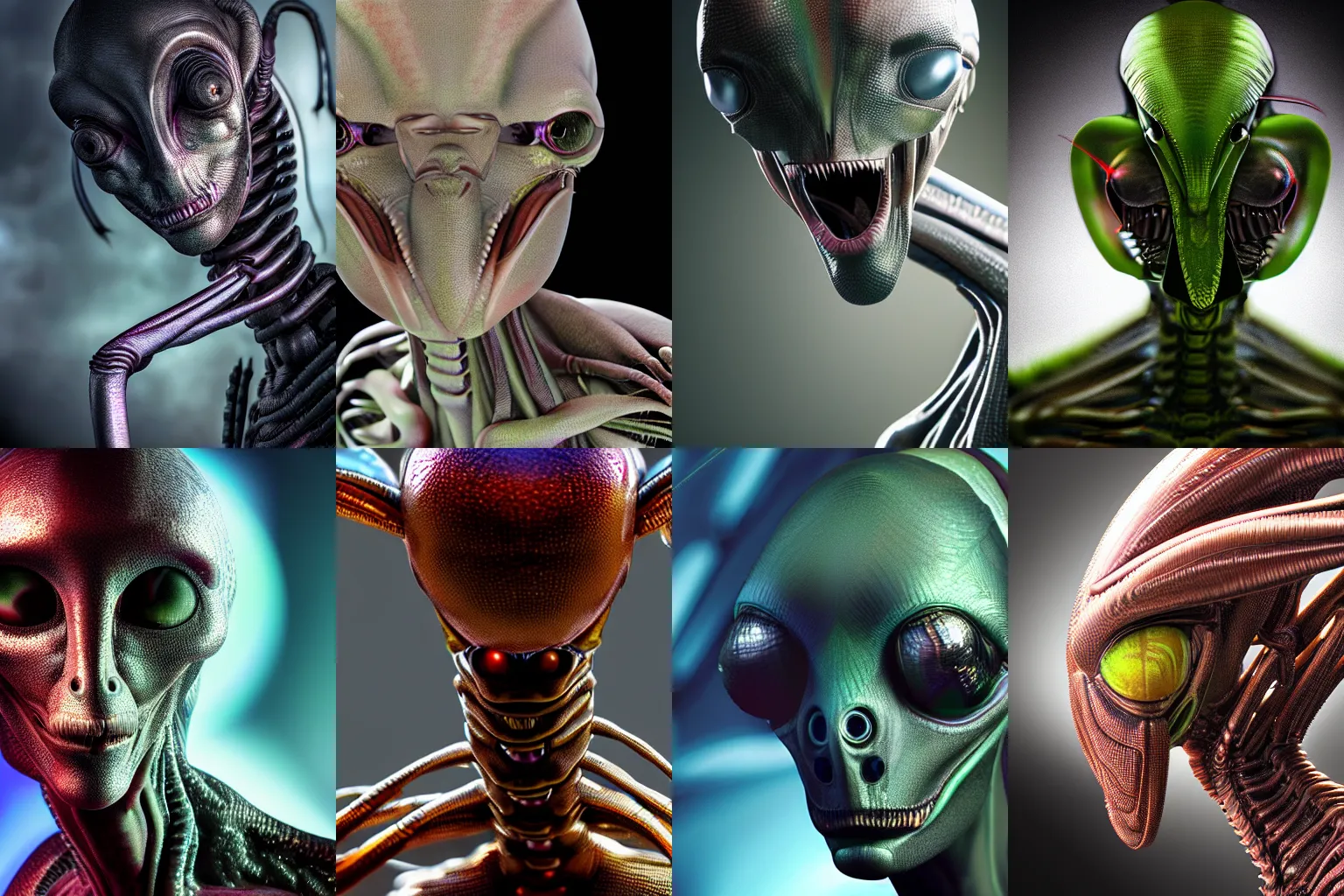 Prompt: alien in the form of mantis, full head, up close, hyper realistic, photo, redshift render, surreal material, giger style, front symetrical, dramatic lights