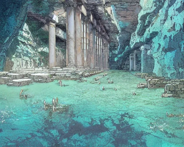 Image similar to a herd of centuars walking by abandoned greek architecture in shallow water, in a cave by the water, digital art, illustrated by james gurney and victo ngai