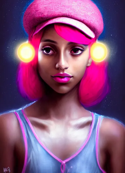 Image similar to portrait of teenage vanessa morgan with bright pink hair, black girl, vanessa morgan, curly pixie cut hair, wearing newsboy cap, newsboy cap, hoop earrings, intricate, elegant, glowing lights, highly detailed, digital painting, artstation, concept art, smooth, sharp focus, illustration, art by wlop, mars ravelo and greg rutkowski