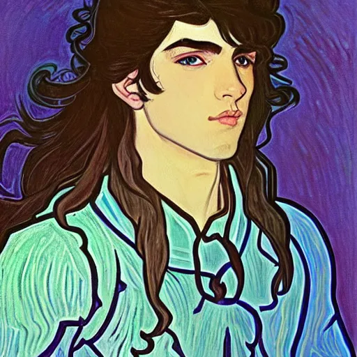 Image similar to painting of young handsome beautiful paladin elf! man with long wavy dark hair in his 2 0 s named shadow taehyung at the blueberry party, wearing armor!, elegant, clear, painting, stylized, delicate, soft facial features, art, art by alphonse mucha, vincent van gogh, egon schiele,