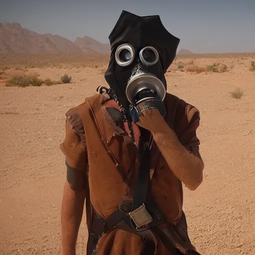 Prompt: a pirate wearing a gasmask, in the desert, film still, panavision panaflex