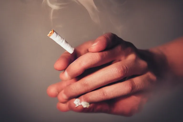 Image similar to Close-up of thin soft hand holding cigarette, with smoke, hand with five fingers, hyper realistic, high details, photo, super resolution