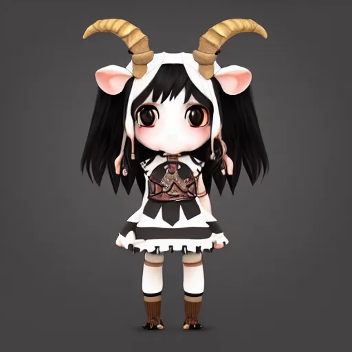 Prompt: cute fumo plush of a goat girl with horns, anime girl, tribal outfit with intricate celtic knot patterns, gothic maiden, artstation, vray