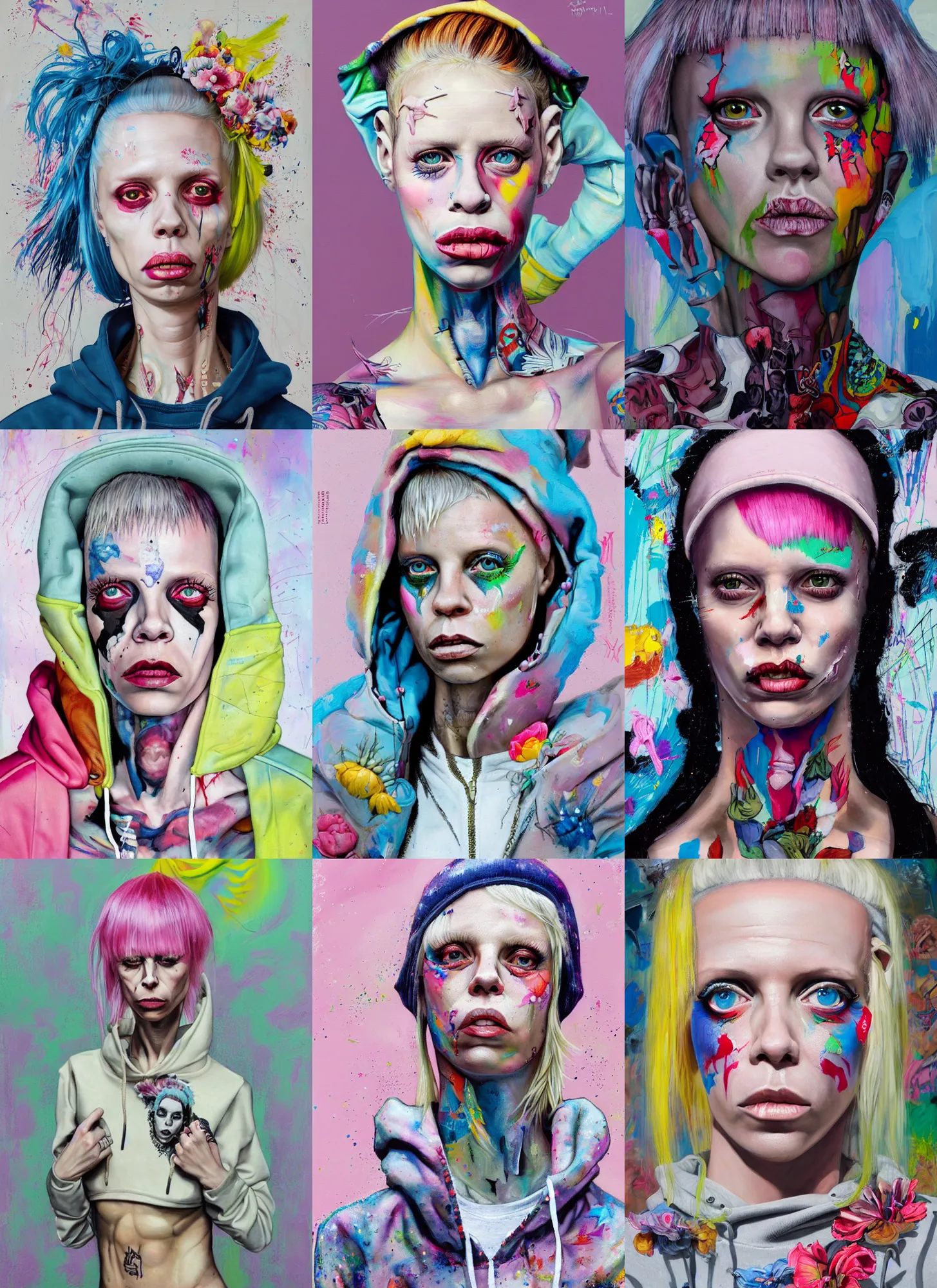 Prompt: yolandi visser with pretty features wearing a hoodie standing in a township street in the style of martine johanna, street clothing, haute couture! fashion!, full figure painting by andrei riabovitchev, tara mcpherson, david choe, decorative flowers, detailed painterly impasto brushwork, pastel color palette, die antwoord