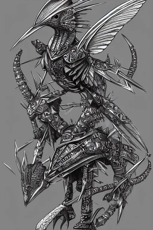 Prompt: armoured warrior hummingbird monster, symmetrical, highly detailed, digital art, hummingbird themed armour, sharp focus, trending on art station, kentaro miura manga art style